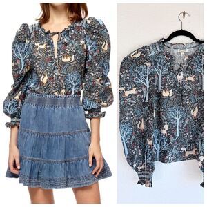 NWT Stellah NY Fox Winter Woodland Long Puff Sleeve 100% Cotton Blouse Sz Small